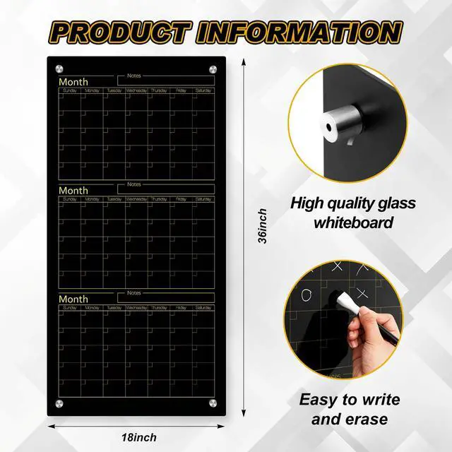 Alt view image 2 of 6 - Black Glass Whiteboard Calendar 36" X 18" 3 Month Dry Erase White Board Planner Glass Large Wall Mounted Calendar with Marker Tray for Wall Home Office