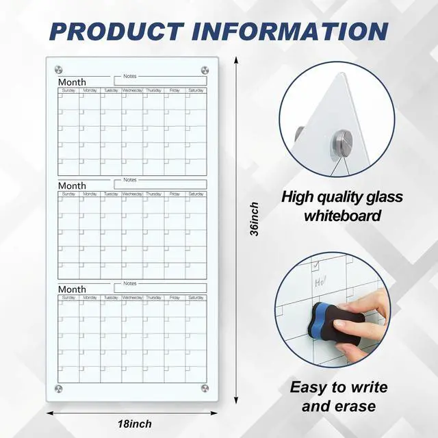 Alt view image 2 of 6 - Glass Whiteboard Calendar 36 x 18 3 Month Dry Erase Calendar White Board Planner Glass Large Wall Mounted with Marker Tray for Wall Home Office