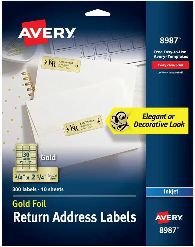 Main image of Gold Address Labels for Inkjet Printers, 3/4" x 2-1/4", 300 Labels, 5 Packs (8987)