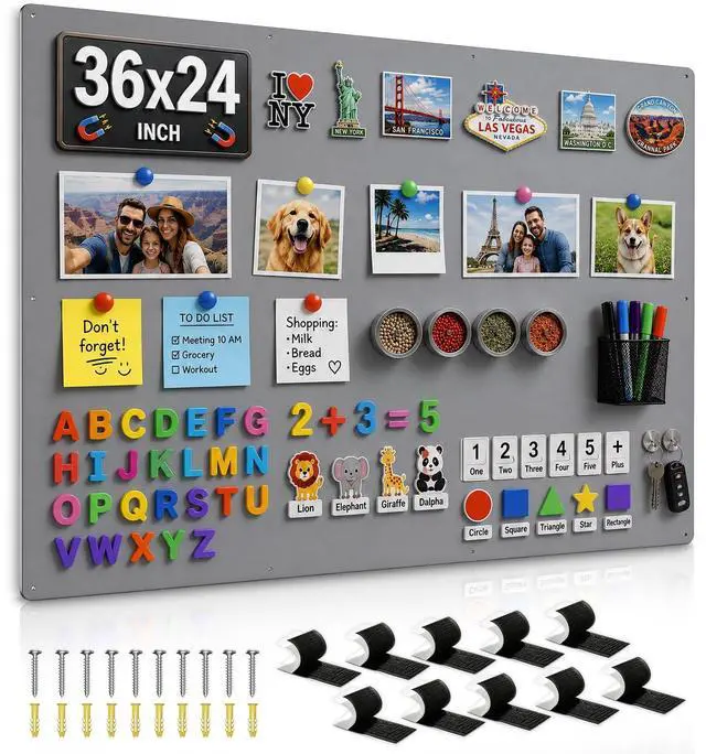 Main image of 36" x 24" Magnetic Board for Wall, Heavy Duty Steel Magnet Board for Travel Souvenir Magnets, Family Photos & Notes, Large Metal Bulletin Board with Screws & Velcro (Gray)