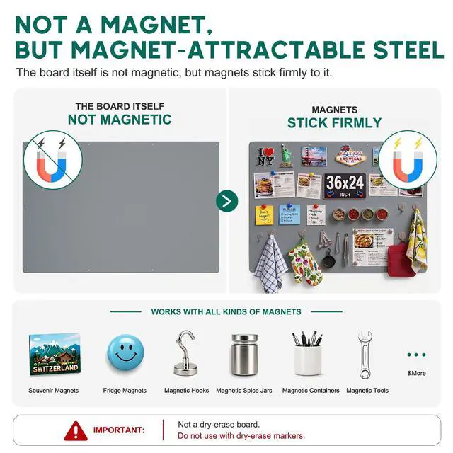 Alt view image 6 of 7 - 36" x 24" Magnetic Board for Wall, Heavy Duty Steel Magnet Board for Travel Souvenir Magnets, Family Photos & Notes, Large Metal Bulletin Board with Screws & Velcro (Gray)