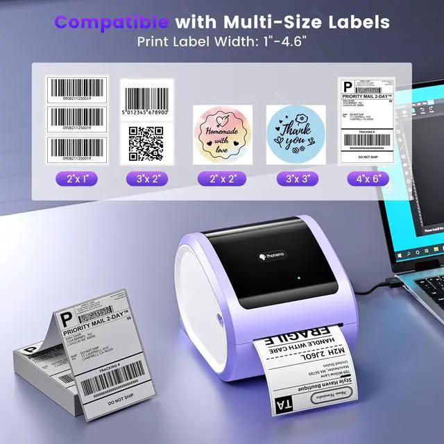 Alt view image 3 of 7 - D520BT Bluetooth Thermal Label Printer with Built-in Paper Bin | 4X6 Wireless Shipping Label Printer, for Small Business & Packages, Compatible with Amazon, USPS, Shopify, Purple
