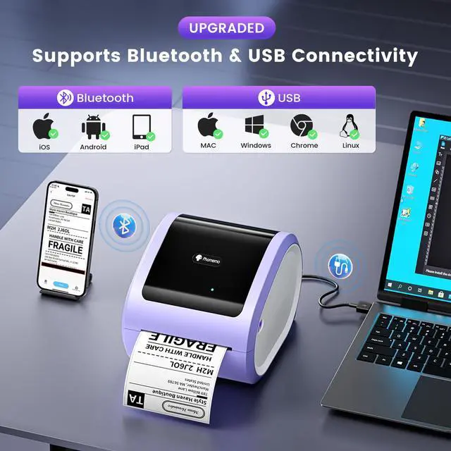 Alt view image 4 of 7 - D520BT Bluetooth Thermal Label Printer with Built-in Paper Bin | 4X6 Wireless Shipping Label Printer, for Small Business & Packages, Compatible with Amazon, USPS, Shopify, Purple