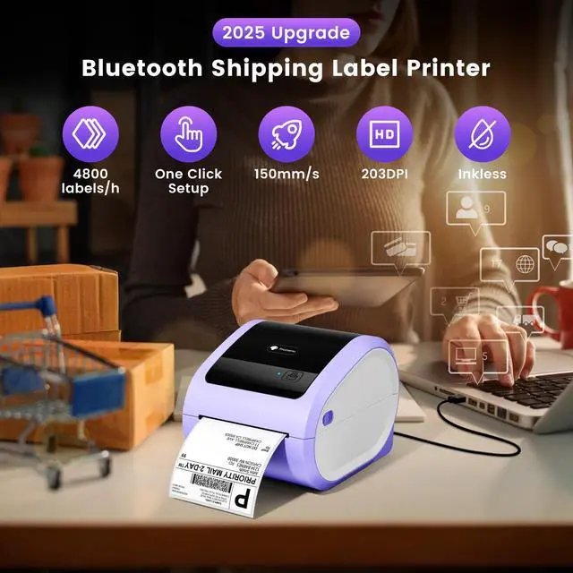Alt view image 7 of 7 - D520BT Bluetooth Thermal Label Printer with Built-in Paper Bin | 4X6 Wireless Shipping Label Printer, for Small Business & Packages, Compatible with Amazon, USPS, Shopify, Purple