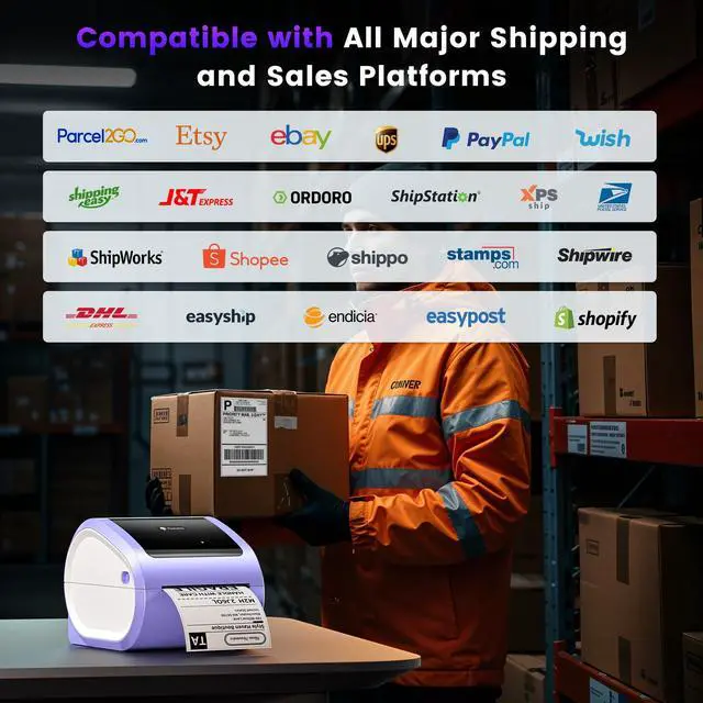 Alt view image 6 of 7 - D520BT Bluetooth Thermal Label Printer with Built-in Paper Bin | 4X6 Wireless Shipping Label Printer, for Small Business & Packages, Compatible with Amazon, USPS, Shopify, Purple
