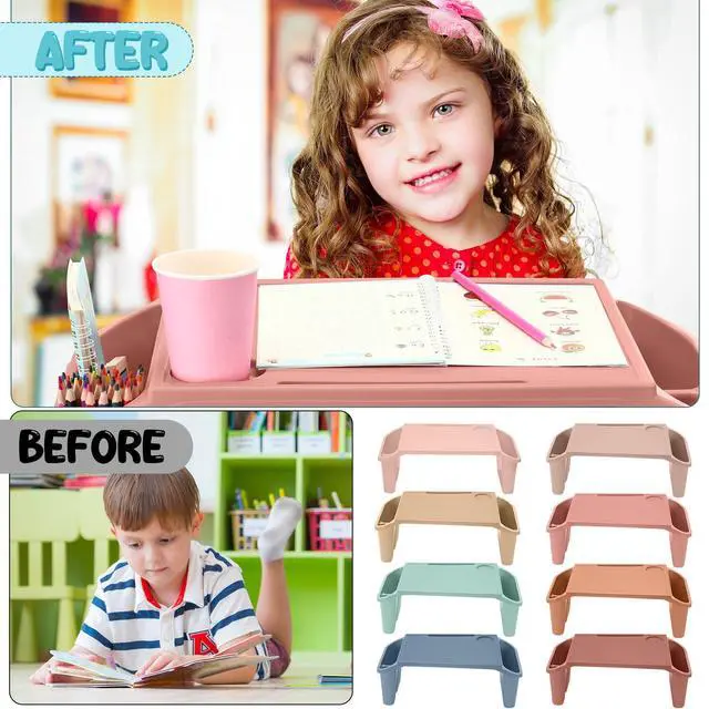 Alt view image 5 of 7 - 8 Pcs Kids Lap Desk Tray Bulk 19.7x9.6x7.1in Portable Lap Tray for Kids Plastic Table with Side Storage Space for Bed Classroom Laptop Children Car Activity Eating Floor (Multicolor)
