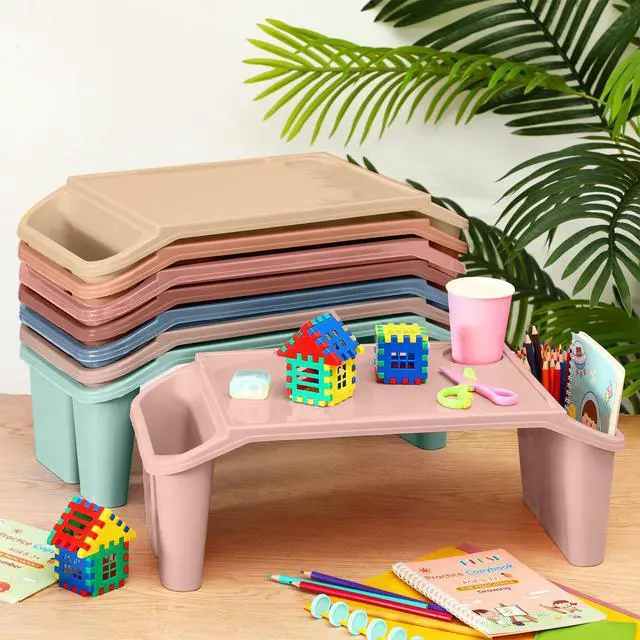 Alt view image 4 of 7 - 8 Pcs Kids Lap Desk Tray Bulk 19.7x9.6x7.1in Portable Lap Tray for Kids Plastic Table with Side Storage Space for Bed Classroom Laptop Children Car Activity Eating Floor (Multicolor)
