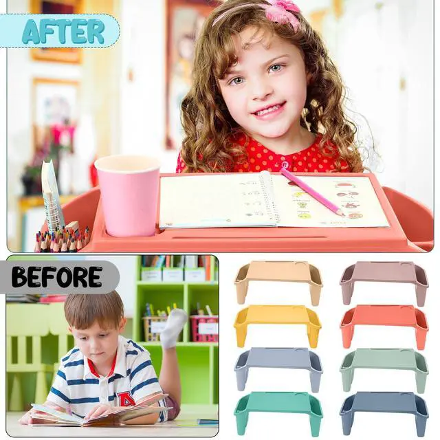 Alt view image 4 of 7 - 8 Pcs Kids Lap Desk Tray Bulk 19.7x9.6x7.1in Portable Lap Tray for Kids Plastic Table with Side Storage Space for Bed Classroom Laptop Children Car Activity Eating Floor (Colorful)