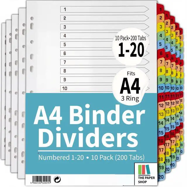 Main image of Binder Dividers with Tabs 1-20 Numbered A4 (10 Pack) | Dividers for 3 Ring Binder | Numbered Tab Dividers for Office, School & Home Organization