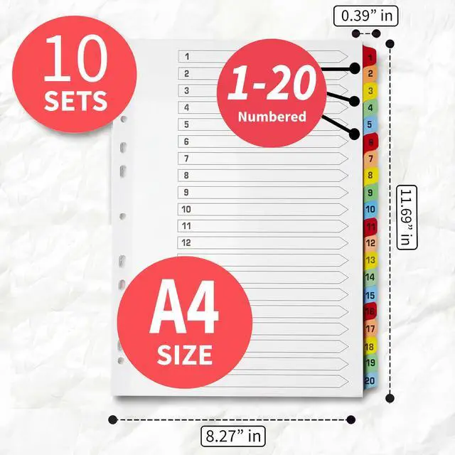 Alt view image 2 of 7 - Binder Dividers with Tabs 1-20 Numbered A4 (10 Pack) | Dividers for 3 Ring Binder | Numbered Tab Dividers for Office, School & Home Organization