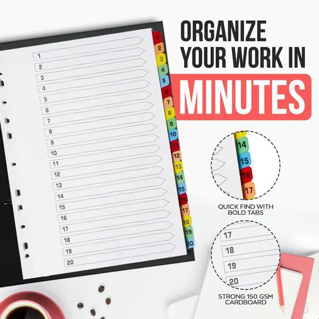 Alt view image 3 of 7 - Binder Dividers with Tabs 1-20 Numbered A4 (10 Pack) | Dividers for 3 Ring Binder | Numbered Tab Dividers for Office, School & Home Organization