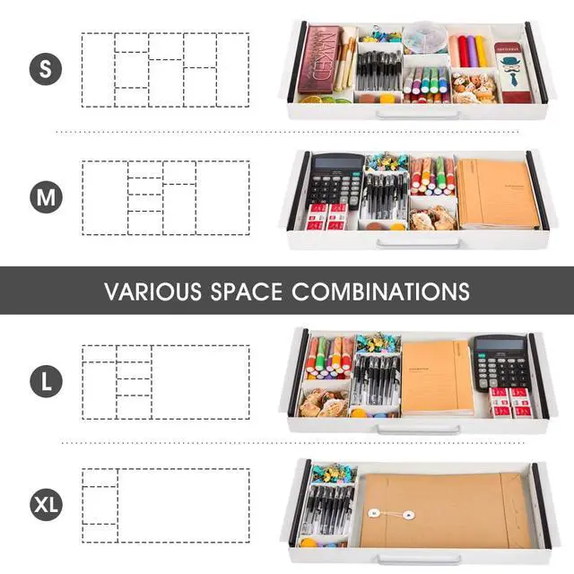 Alt view image 4 of 7 - Large Size Under Desk Slide out Pencil Drawer White with Adjustable Space Divider Design for Storing Pencil and Office Accessories, Underdesk Pull out Tray Organizer Mounted for Sit Stand Workstation