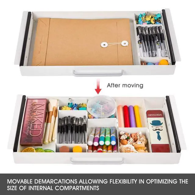 Alt view image 3 of 7 - Large Size Under Desk Slide out Pencil Drawer White with Adjustable Space Divider Design for Storing Pencil and Office Accessories, Underdesk Pull out Tray Organizer Mounted for Sit Stand Workstation