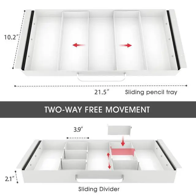 Alt view image 2 of 7 - Large Size Under Desk Slide out Pencil Drawer White with Adjustable Space Divider Design for Storing Pencil and Office Accessories, Underdesk Pull out Tray Organizer Mounted for Sit Stand Workstation