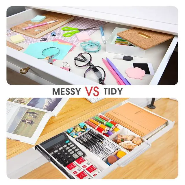 Alt view image 7 of 7 - Large Size Under Desk Slide out Pencil Drawer White with Adjustable Space Divider Design for Storing Pencil and Office Accessories, Underdesk Pull out Tray Organizer Mounted for Sit Stand Workstation