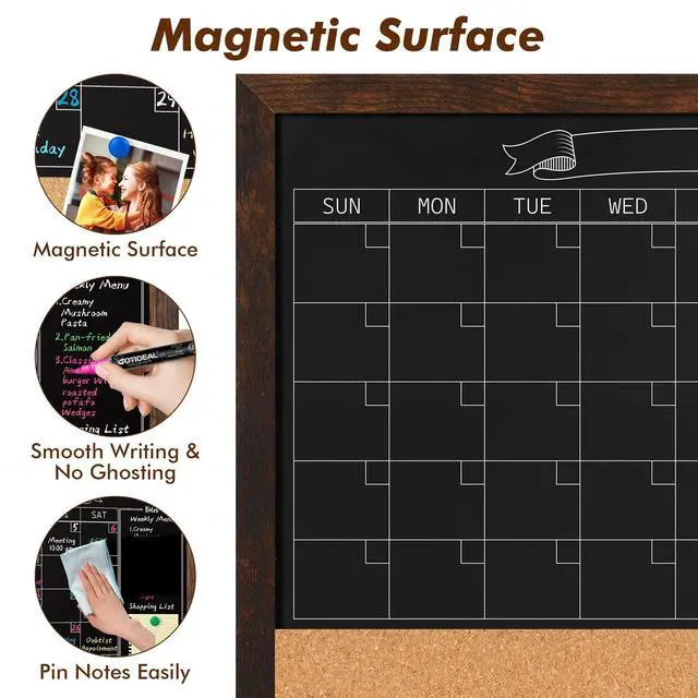 Alt view image 3 of 7 - Chalkboard Calendar 36" x 24" Chalk Board Calendar for Wall | Magnetic Chalkboard Framed, Wall Mounted, Blackboard for Office, Kitchen, School, Home