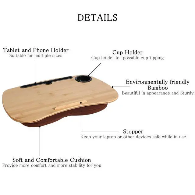 Alt view image 3 of 6 - Lap Desk-Portable Laptop Table with Cushion Bamboo Platform Phone Holder L(21.6"x13.8") with Cup Holder