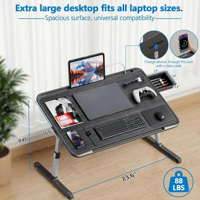Alt view image 2 of 7 - Adjustable Lap Desk,Large Smooth Easy-Clean Wood Grain Desktop,Foldable Laptop Bed Tray Table with Storage Drawer,Portable Laptop Stand Fits 17" Laptop for Bed Couch Floor (Light Striped)