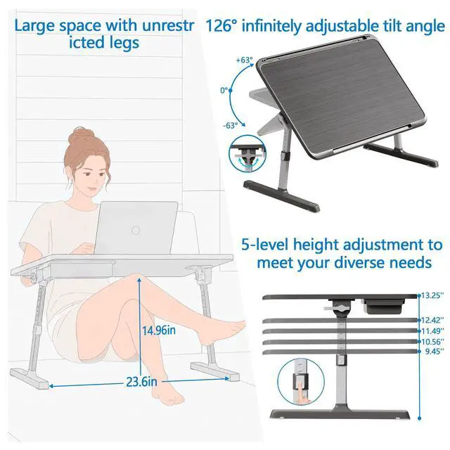 Alt view image 3 of 7 - Adjustable Lap Desk,Large Smooth Easy-Clean Wood Grain Desktop,Foldable Laptop Bed Tray Table with Storage Drawer,Portable Laptop Stand Fits 17" Laptop for Bed Couch Floor (Light Striped)