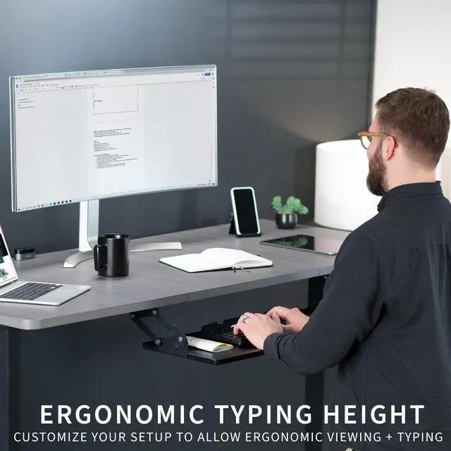 Alt view image 2 of 7 - Large Under Desk 34 x 11 inch Computer Keyboard and Mouse Tray with Swinging Height Adjustment, 12 Settings, Platform Drawer for Typing, Black, MOUNT-KB34S