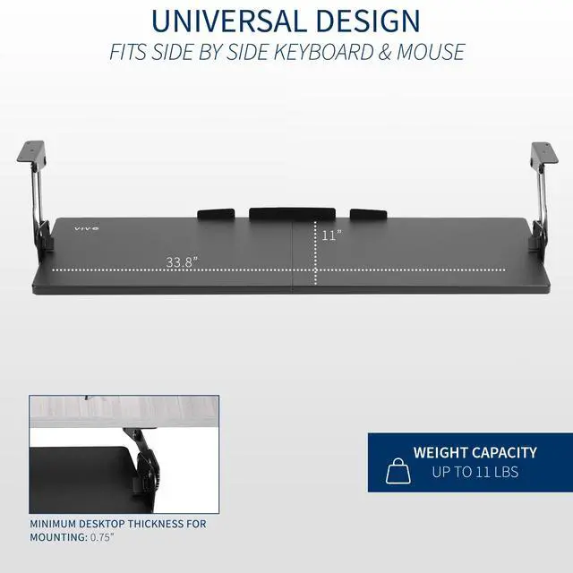 Alt view image 3 of 7 - Large Under Desk 34 x 11 inch Computer Keyboard and Mouse Tray with Swinging Height Adjustment, 12 Settings, Platform Drawer for Typing, Black, MOUNT-KB34S