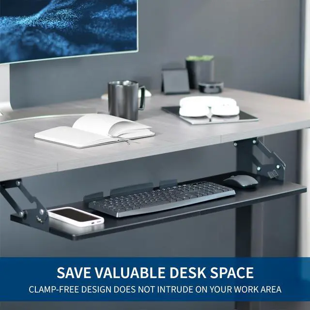 Alt view image 5 of 7 - Large Under Desk 34 x 11 inch Computer Keyboard and Mouse Tray with Swinging Height Adjustment, 12 Settings, Platform Drawer for Typing, Black, MOUNT-KB34S