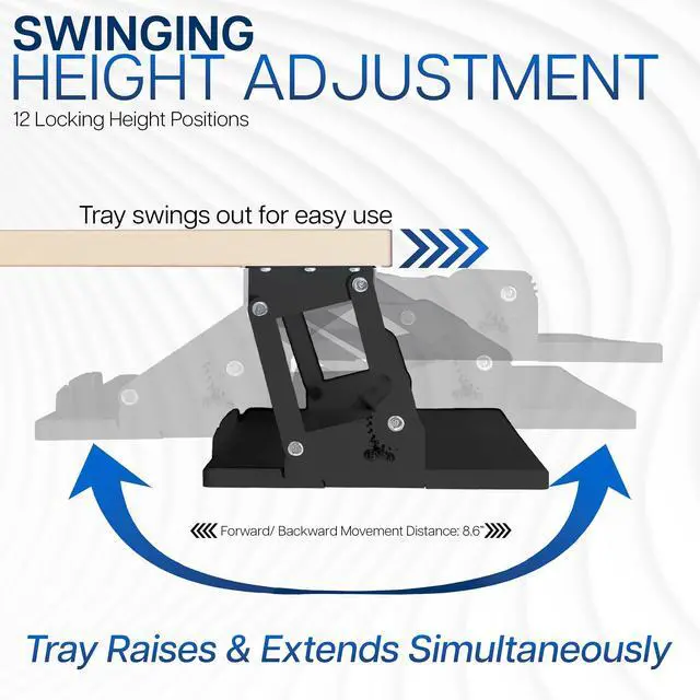 Alt view image 6 of 7 - Large Under Desk 34 x 11 inch Computer Keyboard and Mouse Tray with Swinging Height Adjustment, 12 Settings, Platform Drawer for Typing, Black, MOUNT-KB34S