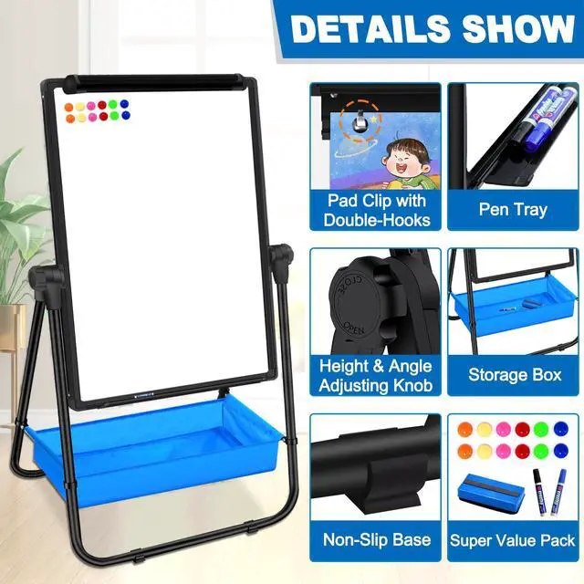 Alt view image 2 of 7 - Dry Erase White Board with Stand Double Sided 28"X20" Magnetic U Standing Easel Whiteboard, Height Adjustable & 360° Rotation Portable White Boards for Classroom, Home & Office