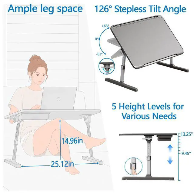 Alt view image 3 of 7 - Adjustable Lap Desk, Large Smooth Easy-Clean Wood Grain Desktop, Foldable Laptop Bed Tray Table with Storage Drawer, Portable Laptop Stand Fits 17" Laptop Desk for Bed Couch Floor (Black)