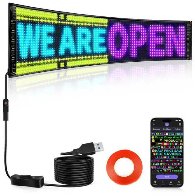 Main image of Full Color Dual Row Programmable LED Sign, 24.6''x6.3'' Flexible 5V/2A USB Bluetooth APP Control LED Signs Custom Text Message Pattern Scrolling LED Display for Car Store