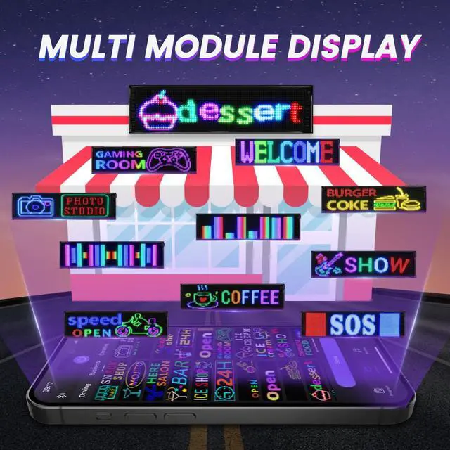 Alt view image 3 of 6 - Full Color Dual Row Programmable LED Sign, 24.6''x6.3'' Flexible 5V/2A USB Bluetooth APP Control LED Signs Custom Text Message Pattern Scrolling LED Display for Car Store