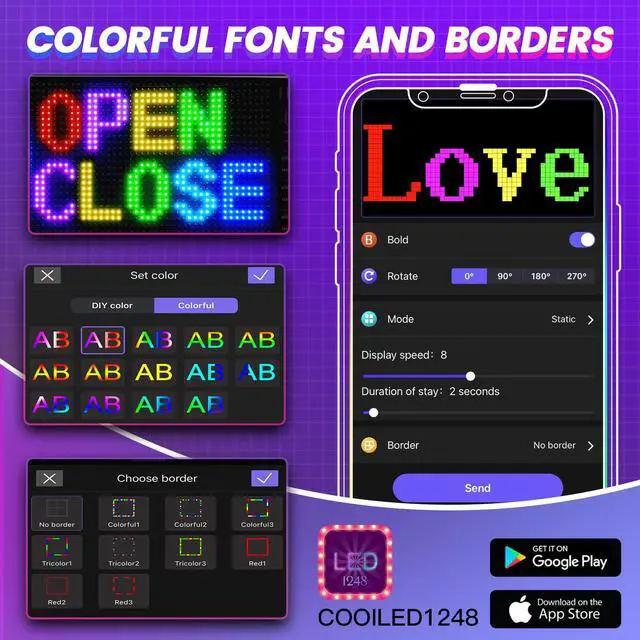 Alt view image 4 of 6 - Full Color Dual Row Programmable LED Sign, 24.6''x6.3'' Flexible 5V/2A USB Bluetooth APP Control LED Signs Custom Text Message Pattern Scrolling LED Display for Car Store