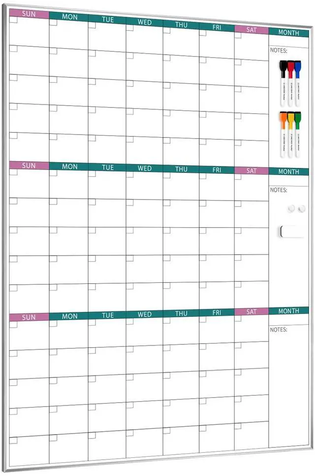 Main image of 3-Month Dry Erase Calendar for Wall, 39"x28" Magnetic Whiteboard Calendar with Silver Aluminum Frame, Monthly Calendar Board for Office, Home, School