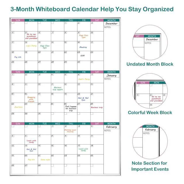 Alt view image 3 of 7 - 3-Month Dry Erase Calendar for Wall, 39"x28" Magnetic Whiteboard Calendar with Silver Aluminum Frame, Monthly Calendar Board for Office, Home, School