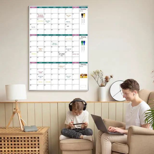 Alt view image 4 of 7 - 3-Month Dry Erase Calendar for Wall, 39"x28" Magnetic Whiteboard Calendar with Silver Aluminum Frame, Monthly Calendar Board for Office, Home, School