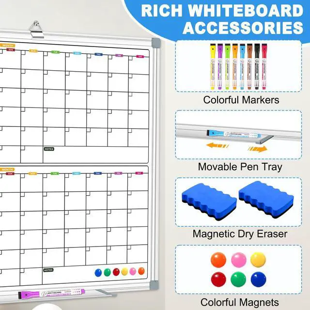 Alt view image 2 of 7 - Calendar Whiteboard for Wall 36" x 24", 4 Month Magnetic Calendar Dry Erase Board, Planning Board Bulletin Board Portable Board for Office, School, Home Organization