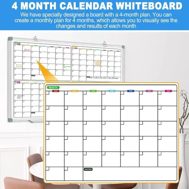 Alt view image 4 of 7 - Calendar Whiteboard for Wall 36" x 24", 4 Month Magnetic Calendar Dry Erase Board, Planning Board Bulletin Board Portable Board for Office, School, Home Organization