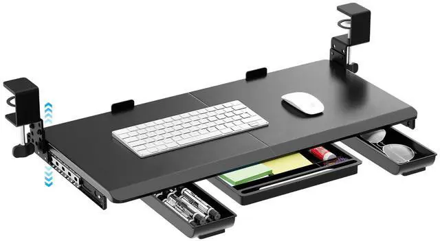 Main image of 27" x 12" Height Adjustable Keyboard Tray Under Desk with Drawer | Sturdy C-Clamp Mount, Slide Out Ergonomic Keyboard Trays for Home and Office, Black