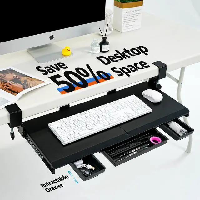 Alt view image 2 of 7 - 27" x 12" Height Adjustable Keyboard Tray Under Desk with Drawer | Sturdy C-Clamp Mount, Slide Out Ergonomic Keyboard Trays for Home and Office, Black