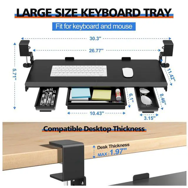 Alt view image 3 of 7 - 27" x 12" Height Adjustable Keyboard Tray Under Desk with Drawer | Sturdy C-Clamp Mount, Slide Out Ergonomic Keyboard Trays for Home and Office, Black