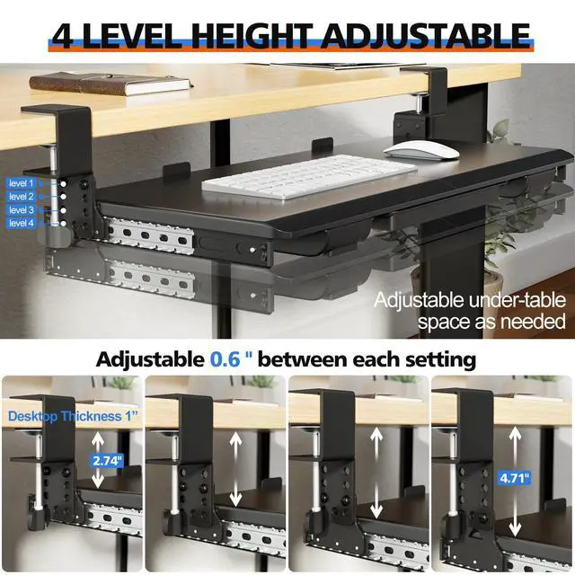 Alt view image 4 of 7 - 27" x 12" Height Adjustable Keyboard Tray Under Desk with Drawer | Sturdy C-Clamp Mount, Slide Out Ergonomic Keyboard Trays for Home and Office, Black