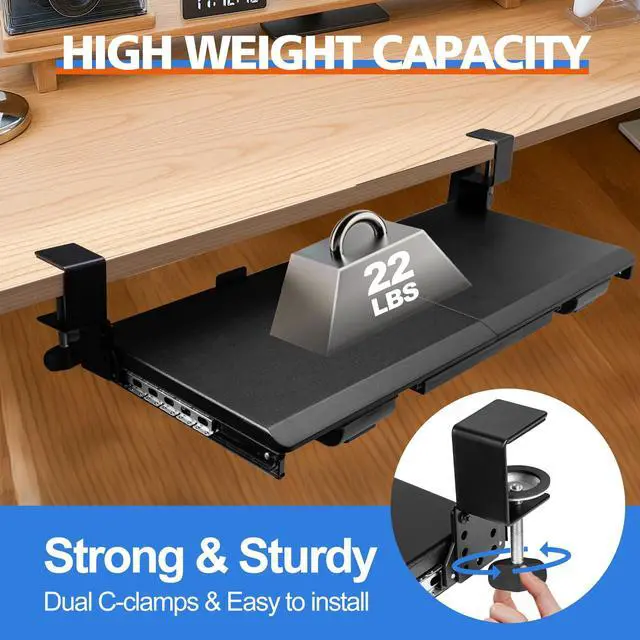 Alt view image 5 of 7 - 27" x 12" Height Adjustable Keyboard Tray Under Desk with Drawer | Sturdy C-Clamp Mount, Slide Out Ergonomic Keyboard Trays for Home and Office, Black