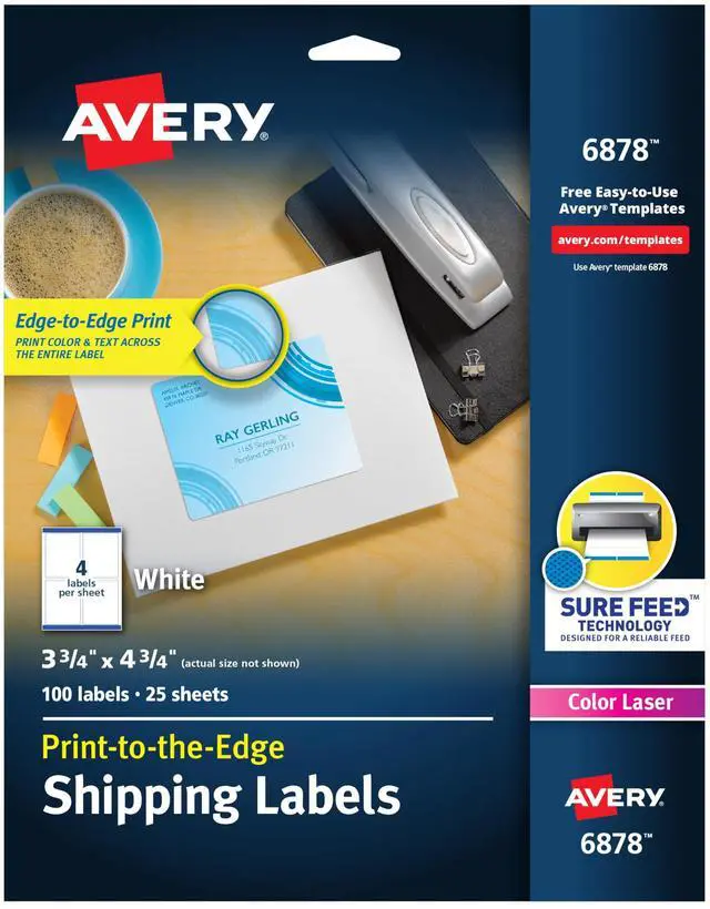 Main image of Print-to-the-Edge Printable Shipping Labels, 3.75" x 7.75", Matte White, Sure Feed Technology, Laser & Inkjet Printer Compatible, 100 Blank Labels per Pack (5 Packs of 6878)