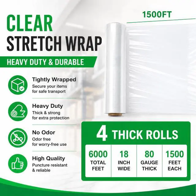 Alt view image 3 of 7 - 18 Inch Stretch Wrap Roll, Heavy Duty 18" 1500ft Shrink Film/Wrap, 4 Pack | 80 Gauge Industrial Strength, Clear Pallet Wrap, Self-Adhesive Cling, Plastic Wrap for Moving, Packing, Shipping, Furniture