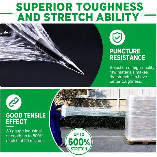 Alt view image 2 of 7 - 18 Inch Stretch Wrap Roll, Heavy Duty 18" 1500ft Shrink Film/Wrap, 4 Pack | 80 Gauge Industrial Strength, Clear Pallet Wrap, Self-Adhesive Cling, Plastic Wrap for Moving, Packing, Shipping, Furniture