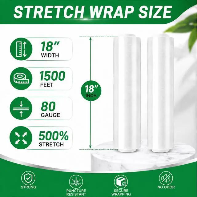 Alt view image 7 of 7 - 18 Inch Stretch Wrap Roll, Heavy Duty 18" 1500ft Shrink Film/Wrap, 4 Pack | 80 Gauge Industrial Strength, Clear Pallet Wrap, Self-Adhesive Cling, Plastic Wrap for Moving, Packing, Shipping, Furniture