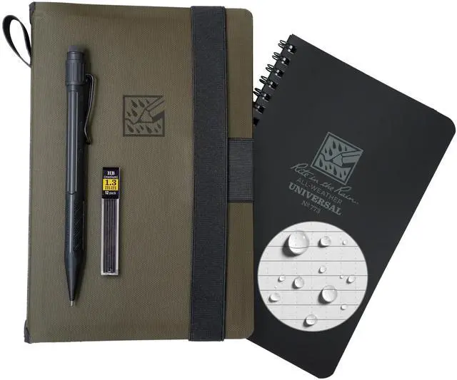 Main image of Weatherproof Side Spiral Kit: TPU Fabric Cover, 4.625" x 7" Black Notebook, and Tough Mechanical Pencil (No. M973-KIT)
