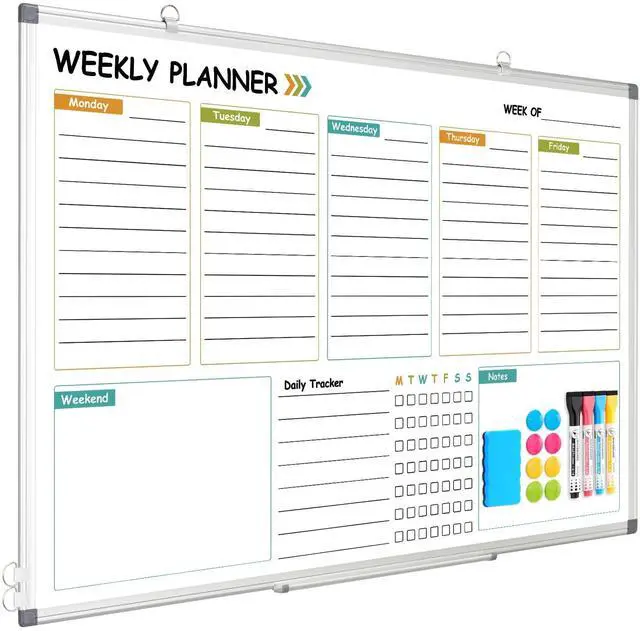 Main image of Weekly Planner Dry Erase Whiteboard for Wall, 36" x 24" Calendar | Double-Sided Magnetic, Aluminum Frame, Hang Wall Mount, Week Planning White Board with To Do List, Notes, Daily Tracker