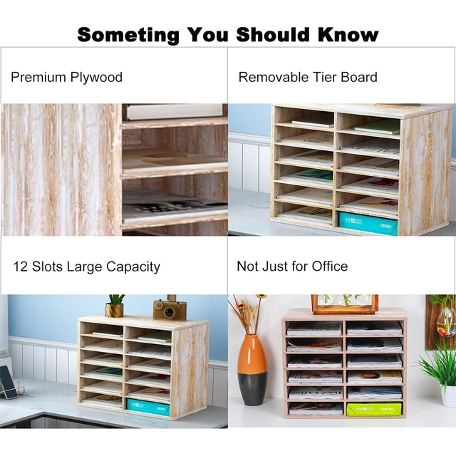 Alt view image 5 of 6 - Wood Literature Organizer, 12 Slots, Retro White | Holds 6000 Sheets A4 Papers, Adjustable Shelves, Mailbox Cubbies, For Office Home Classroom