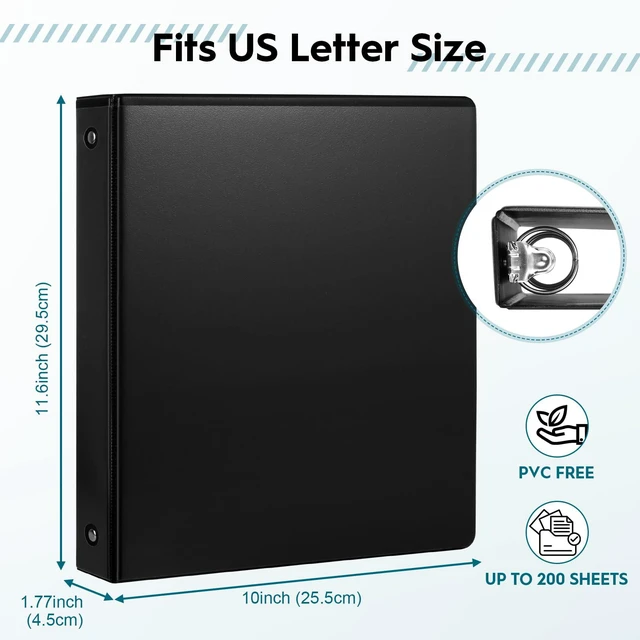 Alt view image 2 of 7 - 1'' Economy 3-Ring Binders, 1-inch Round Rings, Holds 200 Sheets US Letter Size, ClearVue Presentation View, Non-Stick, Black (24)